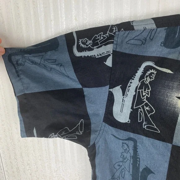 Claudio Nucci Mens Black Y2K Hip Hop Retro Music Hawaiian Button Up Shirt Size L - Picture 7 of 16